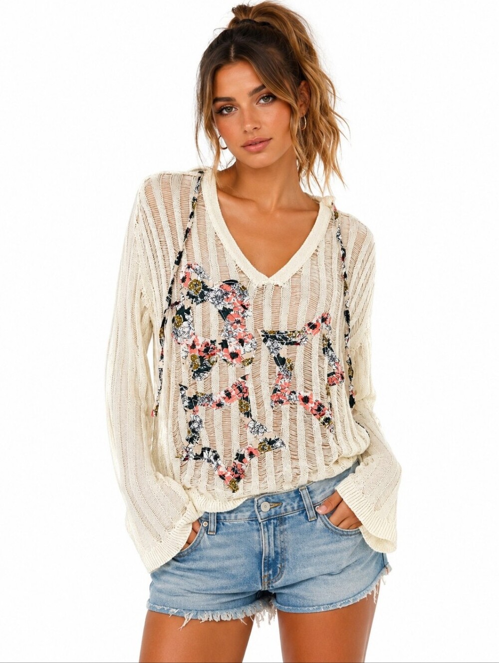 POL Ivory Open Knit Hooded Sweater Floral Star Appliqué Boho Top Medium